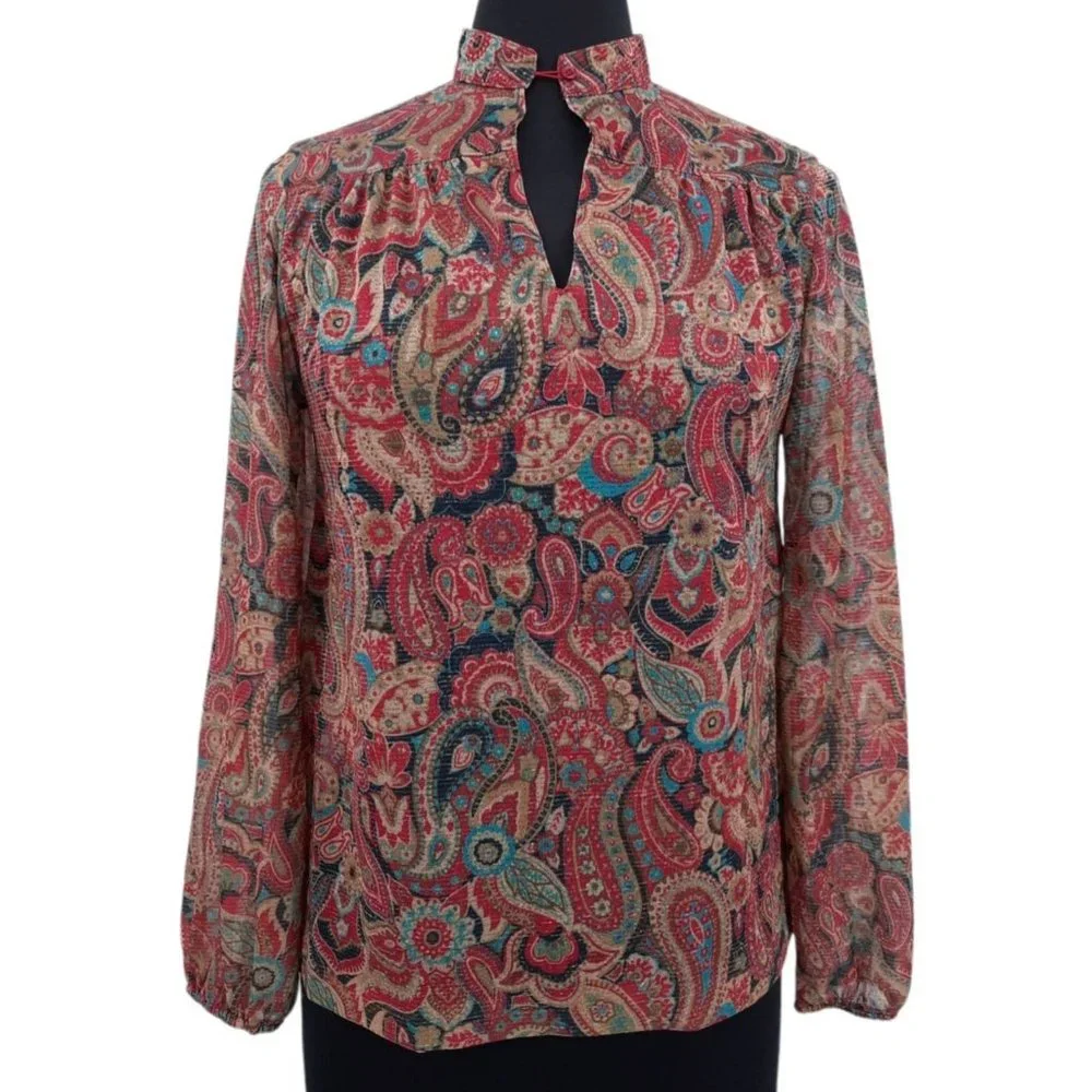 VTG 70s 80s rrrruss Paisley Floral Glitter Sparkle Button Neck Keyhole Blouse S